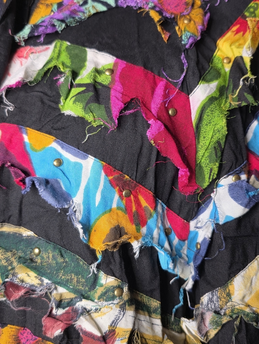 Vintage 90s Carina Patchwork Jacket XL Boho Frayed Floral Zip Art - Picture 6 of 10